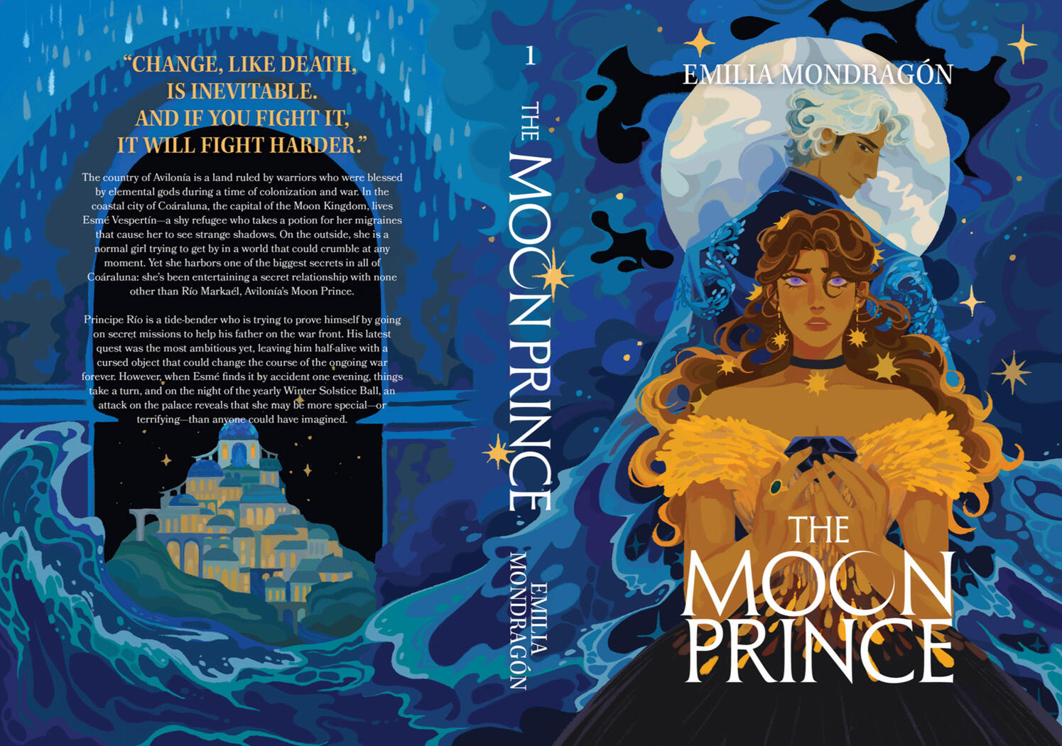 Cover artwork and design for Emilia Mondragón's book, The Moon Prince, 2024